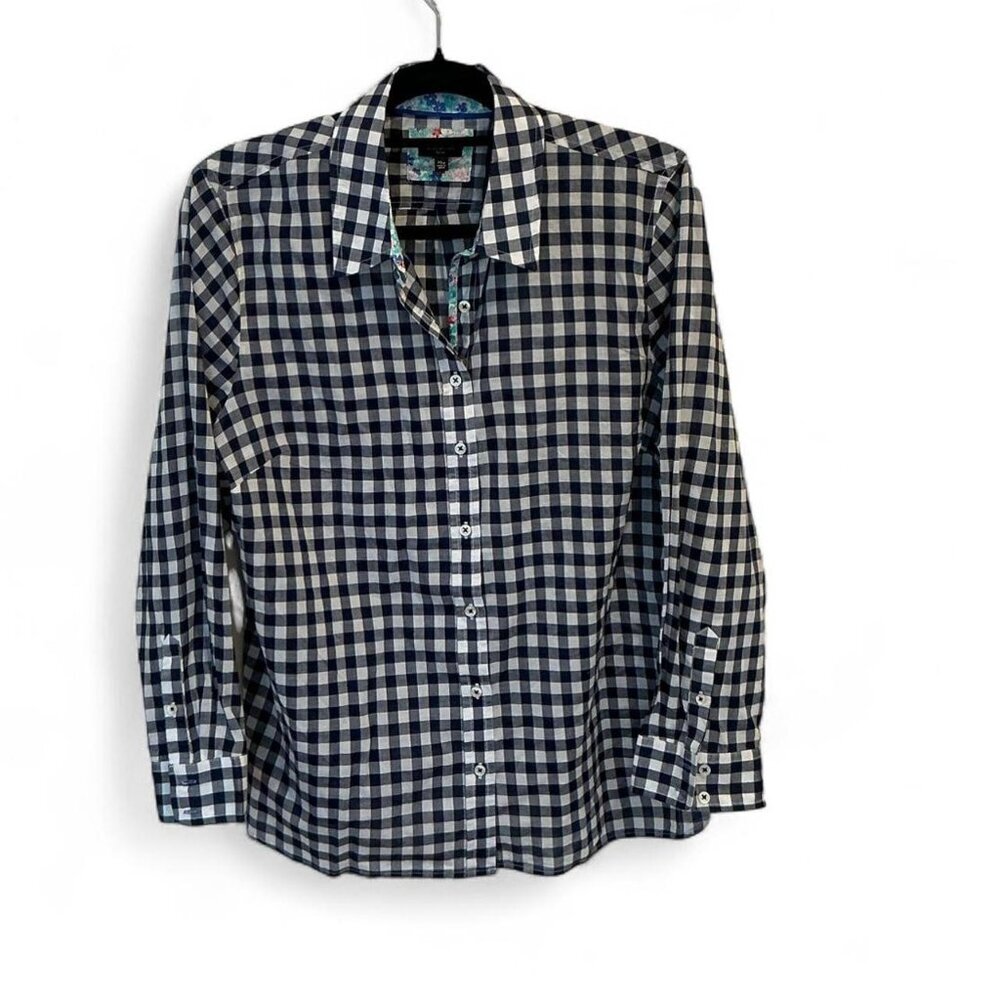 Talbots Navy Blue White Plaid 100% Cotton Button Down Floral Trim XL Petites‎